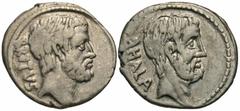 Roman Republican Coins Q. Caepio Brutus. 54 B.C. AR denarius (18 mm, 3.96 g, 4 h). Rome. BRVTVS, bare head of L. Junius Brutus right / [A]HALA, bare head of Caius Servilius Ahala right. Crawford 433/2
