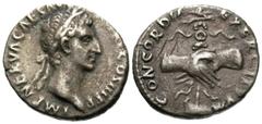 Roman Imperial Coins Nerva. A.D. 96-98. AR denarius (17 mm, 3.24 g, 6 h). Rome, A.D. 97. IMP NERVA CAES AV[G P M TR P] COS III P P, laureate head of Nerva right / CONCORDIA EXERCITVVM, clasped hands h
