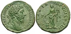Roman Imperial Coins Marcus Aurelius. A.D. 161-180. Æ sestertius (31 mm, 23.89 g, 6 h). Rome, A.D. 175. M ANTONINVS AVG GERM SARMATICVS, laureate head of Marcus Aurelius right / TR P XXIX IMP VIII COS