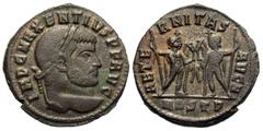 Roman Imperial Coins Maxentius. A.D. 306-312. Æ follis (24 mm, 5.90 g, 11 h). Ostia, A.D. 309/10. IMP C MAXENTIVS P F AVG, laureate head of Maxentius right / AETE-RNITAS AVG N, the Dioscouri standing 