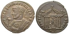 Roman Imperial Coins Maxentius. A.D. 306-312. Æ follis (25 mm, 6.42 g, 5 h). Ticinum, A.D. 308-309/10. IMP MAXENTIVS P F AVG CONS, laureate bust of Maxentius left, wearing imperial trabaea, holding ea