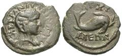 Roman Provincial Coins Thrace, Anchialus. Tranquillina. Augusta, A.D. 241-244. Æ (17 mm, 3.15 g, 12 h). Diademed and draped bust of Tranquillina right / Dolphin right. AMNG 689. Olive-brown patina. Ve