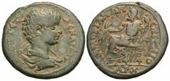 Roman Provincial Coins Phrygia, Amorium. Geta. As Caesar, A.D. 198-209. Æ (26 mm, 8.74 g, 1 h). Bare-headed and draped bust of Geta right / Zeus seated left, holding thunderbolt and scepter. Lindgren 