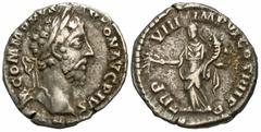 Roman Imperial Coins Commodus. A.D. 177-192. AR denarius (17 mm, 3.08 g, 6 h). Rome, A.D. 183. M COMMODVS ANTON AVG PIVS, TR P VIII IMP VI COS IIII P P, Pax standing facing, head left, holding branch 