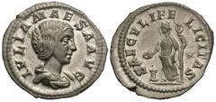 Roman Imperial Coins Julia Maesa. Augusta, A.D. 218-224/5. AR denarius (20 mm, 2.83 g, 6 h). Rome, under Elagabalus, A.D. 220-222. IVLIA MAESA AVG, draped bust of Julia Maesa right / SAECVLI FE-LICITA