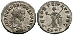 Roman Imperial Coins Carus. A.D. 282-283. Æ antoninianus (20 mm, 4.15 g, 6 h). Ticinum. IMP C M AVR KARVS P F AVG, radiate, draped and cuirassed bust of Carus right / PERPETVITATE AVG, Securitas stand