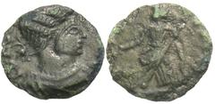 Roman Imperial Coins Helena. Augusta, A.D. 324-328/30. Æ minim (10 mm, 0.50 g, 6 h). Contemporary imitation. Copying Treveri, ca. A.D. 337-340. [FL IVL HE-LENA AVG], bare-headed and mantled bust of He