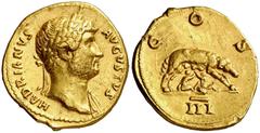 Monedas romanas / Roman coins (124-125 A.D.). Hadrian. Aureus. (Spink 3388 var) (Co. 420) (RIC. 711, same dies) (Calico 1231). Obv.: HADRIANVS AVGVSTVS. His bust laureate. Rev.: COS. III. She-wolf suc
