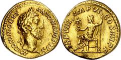 Monedas romanas / Roman coins (183 A.D.). Commodus. Aureus. (Spink 5614) (Co. missing) (RIC. missing) (Calicó 2351). Obv.: M. COMMODVS ANTON. AVG. PIVS. His head laureate. Rev.: TR. P. VIII IMP. VI CO