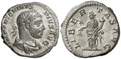 Imperio Romano / Roman Empire (974/221 d.C.). Eliogábalo. Denario. (Co. 97). Anv.: IMP. ANTONINVS PIVS AVG. Su busto barbado, laureado y drapeado. Rev.: LIBERTAS AVG. La Libertad en pie a izquierda, s