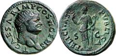 Monedas romanas / Roman coins (73 d.C.). Tito. Dupondio. (Spink 2466 var) (Co. 79) (RIC. 615, de Vespasiano). Anv.: T. CAESAR IMP. COS. II CENS. Su cabeza radiada. Rev.: FELICITAS PVBLICA S. C. La Fel