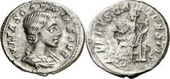 Monedas romanas / Roman coins (220 d.C.). Julia Soaemias. Denario. (Spink 7720) (S. 14) (RIC. 243). Anv.: IVLIA SOAEMIAS AVG. Su busto drapeado. Rev.: VENVS CAELESTIS. Venus sentada a izquierda, soste
