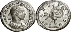 Monedas romanas / Roman coins (232 d.C.). Alejandro Severo. Denario. (Spink 7882) (S. 161a) (RIC. 246). Anv.: IMP. ALEXANDER PIVS AVG. Su busto laureado, drapeado y acorazado. Rev.: MARS VLTOR. Marte 