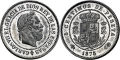 Carlos VII, Pretender (1868-1909) 1875. Charles VII, Pretender. Brussels. 5 cents. (AC. 1, same example). Proof pattern in lead. Medal alignment, "medal type". Extraordinarily rare, we only know two e