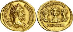 Monedas romanas / Roman coins * (201 A.D.). Septimius Severus, Julia Domna, Caracalla and Geta. Aureus. (Spink 6511 var) (Co. missing) (RIC. 159 var, of Septimius Severus) (Calicó missing). Obv.: SEVE