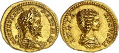 Monedas romanas / Roman coins * (201 A.D.). Septimius Severus and Julia Domna. Aureus. (Spink 6512) (Co. 1) (RIC. 161b, of Septimius Severus) (Calicó 2587b). Obv.: SEVERVS AVG. PART. MAX. Laureate and