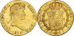 Monarquía española / Spanish Monarchy 1814. Fernando VII. Catalonia (Barcelona). SF. 8 escudos. (AC. 1744) (Cal.Onza 1199). No dot between the assayers. Light small scrapes. Nice. Some of its original
