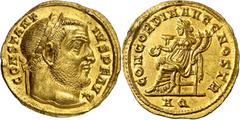 Imperio romano / Roman Empire * (305-306 A.D.). Constantius I, Chlorus. Aquileia. Aureus. (Spink 14153) (Co. 19) (RIC. 41a) (Calicó 4814). Obv.: CONSTANTIVS P. F. AVG. His head laureate. Rev.: CONCORD