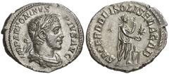 (221-222 d.C.). Eliogábalo. Roma. Denario. (Co. 246) (RIC. 131) (Spink 7542). IMP. ANTONINVS PIVS AVG. Su busto laureado, drapeado y acorazado. SACERD. DEI SOLIS ELAGAB. Eliogábalo en pie, sacrificand