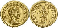 (221 d.C.). Eliogábalo. Roma. Áureo. (Co. 183 var) (RIC. 31-39) (Spink 7475) (Calicó 3014). IMP. ANTONINVS PIVS AVG. Su busto laureado, drapeado y acorazado. P. M. TR. P. IIII. COS. III. P. P. El Sol 