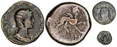 Lotes de conjunto / Lots Lote formado por: 1 pequeño bronce griego, 1 sestercio de Julia Mamaea, 1 pequeño Bajo Imperio y 1 as de Castele (Linares). Total 4 monedas. A examinar. RC/MBC-.