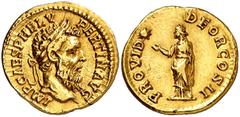 Monedas romanas / Roman coins (193 d.C.). Pertinax. Áureo. (Spink 6035 var) (Co. 42) (RIC. 11a) (Calicó 2389). Pequeña raspadura en borde del reverso. Buen ejemplar. Ex NAC 5-6/04/2006, nº 516. Muy ra