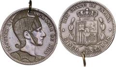 Monedas contemporáneas / Contemporary coins (1877-1879). Alfonso XII. Barcelona. OM. 5 céntimos. Manipulación, con fin satírico, del busto de Alfonso XII con casco y armadura romanos, mediante diminut