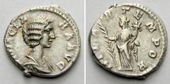 Didia Clara, daughter of Didius Julianus AR-Denarius, 2.85 g., 18 mm. Rome, 193. Obv.: DIDIA CLARA AVG Draped bust r. Rev.: HILAR TEMPOR Hilaritas l., palm, cornucopiae. RIC Did. Julian 10; Coh. 3; BM
