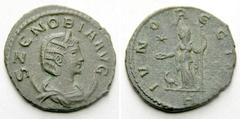 Zenobia AE-Antoninianus, 3.33 g., 21 mm. Antioch, 267-271. Obv.: S ZENOBIA AVG Diademed, draped bust r., crescent. Rev.: IVO REGINA, H. Juno l., patera, sceptre, peacock, star. RIC 2 var. C. -. R.A.G.