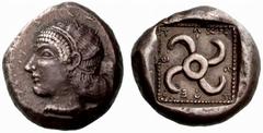 GRIECHISCHE MüNZEN LYKIEN No: 73 Rufpreis/Start price CHF 2500.- d=22 mm TETHTHIVEIBI AR-Stater. 9,84 g. Um 450. Av: Weiblicher Kopf (Aphrodite?) n. l. Rv: TETHTHIVEIBI in lykischer Schrift zwischen T