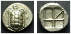GREEK COINAGE AEGINA No: 53 Rufpreis/Start price CHF 2000 AEGINA AR-Stater, 12,12 g. 4th cent. BC Obverse: Turtle. Reverse: Incuse. SNG Delepierre 1545. Extremely fine