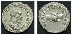 ROMAN EMPIRE PUPIENUS, 238 No: 294 Rufpreis/Start price CHF 1000 Antoninianus, 4,73 g. Roma, 238. Obverse: IMP CAES PVPIEN MAXIMVS AVG; Bust of Pupienus r. Reverse: CARITAS MVTVA AVG; Two hands. RIC 1