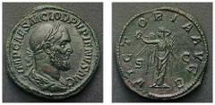 ROMAN EMPIRE PUPIENUS, 238 No: 295 Rufpreis/Start price CHF 5000 Sestertius, 21,04 g. Roma, 238. Obverse: IMP CAES M CLOD PVPIENVS AVG; Bust of Pupienus r. Reverse: VICT-ORIA AVGG / S-C; Victory, wrea