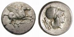 GRIECHEN KORINTH No.: 94 Rufpreis-Opening bid: CHF 500,- KORINTHOS AR – Stater 8,53g 405-345 v. Chr. Av: /° Pegasos fliegend nach rechts. Rv: Kopf der Athena mit Korintischem Helm nach rects; im Feld 
