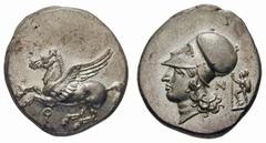 GRIECHEN KORINTH No.: 95 Rufpreis-Opening bid: CHF 500,- KORINTHOS AR – Stater 8,58g 345-307 v. Chr. Av: /° Pegasos fliegend nach links. Rv: Kopf der Athena mit korintischem Helm nach links; im Feld r