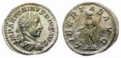 RöMISCHE KAISERZEIT ELAGABALVS 218 - 222 No.: 328 Rufpreis-Opening bid: CHF 200,- AR – Denar 3,16g Rom Av: IMP ANTONINVS PIVS AVG, Lorbeerbekränzte Büste mit Paludamentum nach rechts. Rv: LIBERTAS AVG