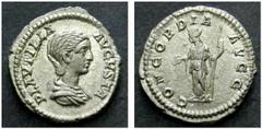 ROMAN IMPERIAL COINS PLAUTILLA, WIFE OF CARACALLA AR-Denarius, 3.48 g. Rome, 202-205. Obv.: PLAVTILLA AVGVSTA Draped bust r. Rev.: CONCORDIA AVGG Concordia l., holding patera and sceptre. RIC Caracall