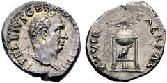 Roman Imperial Coins Vitellius (69) AR-Denarius, 3.56g. Rome, 69 Obv.: VITELLIVS GERMAN IMP TR P Laureate head r. Rev.: XV VIR SACR FAC Tripos, dolphin, raven. RIC 24; Coh. 113. Good extremely fine