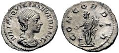 Roman Imperial Coins Aquilia Severa, 2nd wife of Elagabalus AR-Denarius, 2.94g. Rome, 211 Obv.: IVLIA AQVILIA SEVERA AVG Draped bust r. Rev.: CONCORDIA Concordia l., altar, star. RIC Elagabalus 226; R