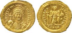 ANCIENT. Byzantine Coins. Mint of Constantinople unless otherwise stated . Justinian I (AD 527-565), Gold Solidus, Constantinople, D N IVSTINIANVS PP AVG , helmeted and cuirassed bust facing, holding 