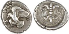 Ancient Greece Elis, Olympia, 78th?82nd Olympiad (c. 460s?450s BC) AR Stater, 11.78g. Eagle left, grasping a hare by the belly and tearing at it with its beak. Multiple countermarks. Rev. Vertical thu