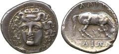 Ancient Coins. Greek. Thessaly, Larissa (c.395-370 BC), Silver Drachm, head of nymph Larissa facing three-quarters to left, hair in ampyx, rev ΛAPIΣ / AIΩN, horse grazing right, trident-head below, 6.