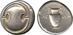 Ancient Coins. Greek. Boeotia, Thebes (c.395-338 BC), Silver Stater, magistrate Agla-, Boeotian shield, rev AΓ-ΛA, amphora, 12.11g (Hepworth 1; Head, Boeotia p.63; BMC 111). Very fine . £200-250