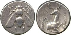 Ancient Coins. Greek. Ionia, Ephesos (c.387-301 BC), Silver Tetradrachm, E-Φ, bee, with straight wings, rev magistrate KTHΣIOXOΣ, forepart of stag right, head turned back, palm-tree behind, 15.22g (Ki
