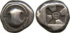 Ancient Coins. Greek. Boeotia, Thebes (c.480-460 BC), Silver Stater, Boeotian shield , rev incuse square of ‘mill-sail’ pattern, cross within circle at centre, 12.42g (Head, Boeotia, p.16, vii, pl. I,