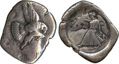 Ancient Coins. Greek. Peloponnese, Elis, Olympia (c.450-440 BC), Silver Stater, eagle flying right with wings spread above and below, grasping hare in its talons and tearing at it with beak , rev [F]-