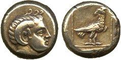 Ancient Coins. Greek. Lesbos, Mytilene (c.377-326 BC), Electrum Hekte, head of Apollo Karneios right, with horn of Ammon , rev eagle standing right, head turned left, within linear square, 2.57g (Bode