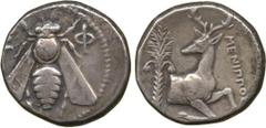 Ancient Coins. Greek. Ionia, Ephesos (c.387-301 BC), Silver Tetradrachm, E-Φ, bee with straight wings , rev magistrate MENIΠΠOΣ, forepart of stag right, head turned back, palm-tree behind, 15.17g (Hea