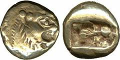Ancient Coins. Greek. Kingdom of Lydia, Alyattes (c.610-546 BC), Electrum Trite, Sardes, lion’s head right, sun on forehead , rev incuse punch, 4.73g (Weidauer XV, 61-63; Boston 1763ff). Very fine . F