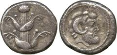 Ancient Coins. Greek. Kyrenaika, Barke (c.480-435 BC), Silver Tetradrachm, silphium plant , rev BAR reversed (only partially visible), bearded head of Ammon right, with horn, within circular dotted fr